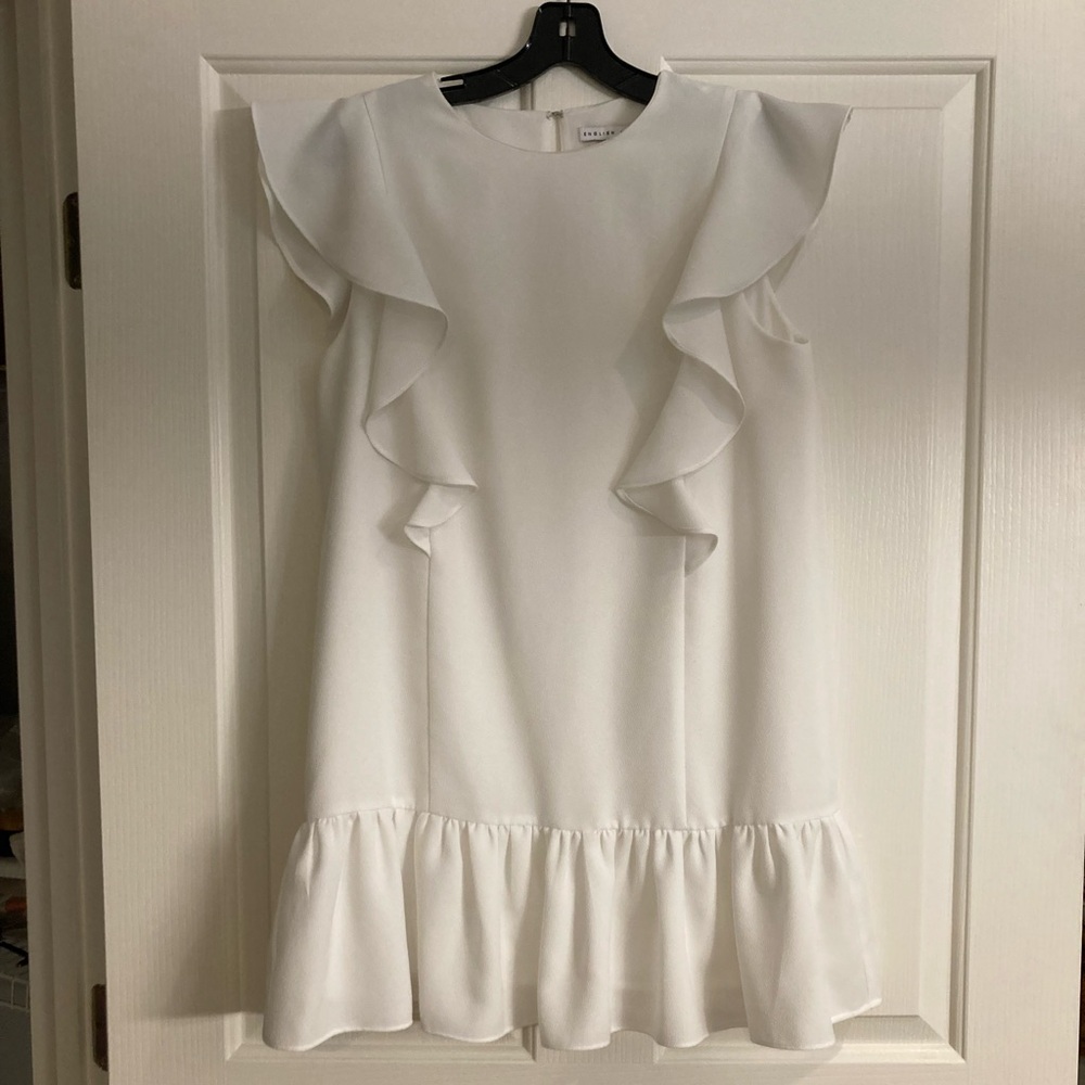 White Ruffle Front English Factory Drop Waist Mini Dress